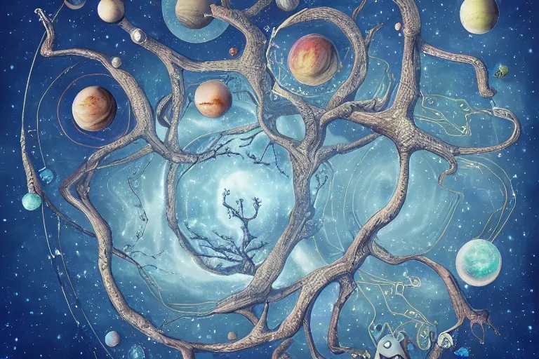 Prompt: a cosmic yggdrasil with planets hanging from the branches by mushroom dreams visionar, digital art, artstation, low angle, high detail, intricate, white wood, wide shot,