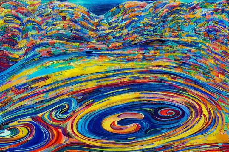 Image similar to Psychedelic sci-fi dreamworld. Landscape painting. Organic. Winding rushing water. Waves. Clouds. Wayne Thiebaud. Takashi Murakami.