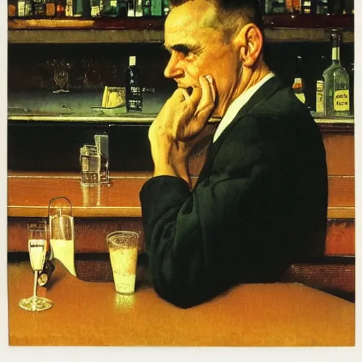 Prompt: a portrait of a man in the 1 9 6 0 s drinking alone in a bar late at night, by norman rockwell
