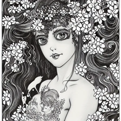 Image similar to prompt: beautiful girl in lake with light up face painted in baroque style, nymph in the water, small flowers around and on the side, 1980 manga, black and white photo, intricate ink drawing, high detail, Neo-expressionism, post-modern gouache marks on the side, gnarly details in the water and brushstrokes