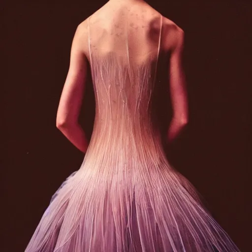 Image similar to Fashion photography of a woman wearing a dress inspired by a jellyfish, from behind, artistic photography, insanely detailed, chiaroscuro, cinestill 800t, Vogue magazine