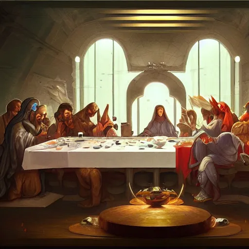 Image similar to the last supper of robots as apostles in leonardo da vinchi style. digital art, artstation, concept art, smooth, sharp focus, illustration, art by peter mohrbacher