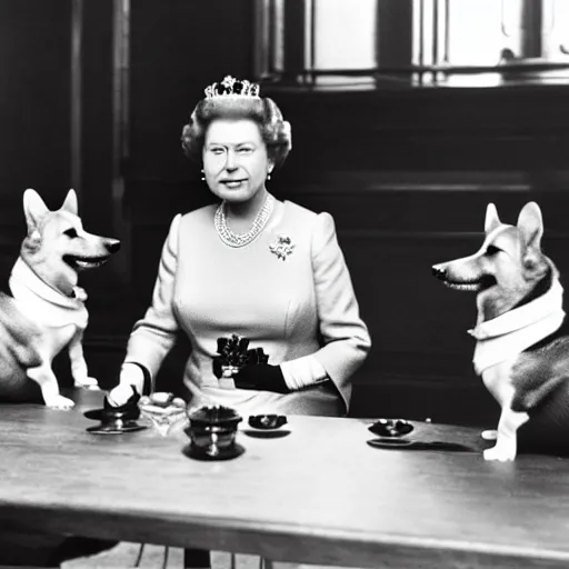 Prompt: historical photo of queen elizabeth having gin martinis with her corgis, the corgis are wearing sweaters, royal palace interior, natural sunlight, soft focus, highly detailed, depth of field