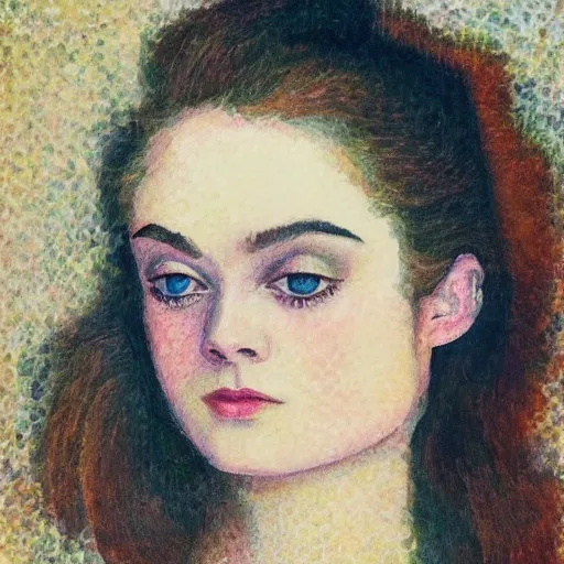 Image similar to professional painting of Elle Fanning in Prey the style of Henri-Edmond Cross, head and shoulders portrait, symmetrical facial features, smooth, sharp focus, illustration, intricate, stormy weather, extremely detailed masterpiece,