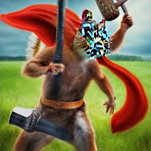 Image similar to the squirrel thor ~ holding his hammer ~ dramatic thunder background ~ fighting scene ~