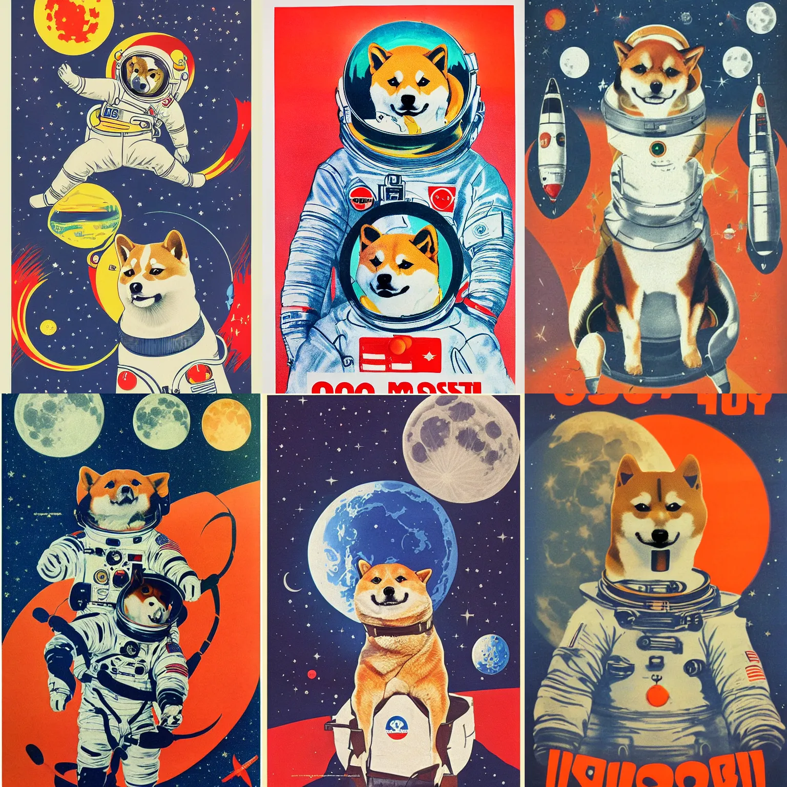 Image similar to Shiba Inu cosmonaut portrait, moon mission, 60s poster, 1968 Soviet