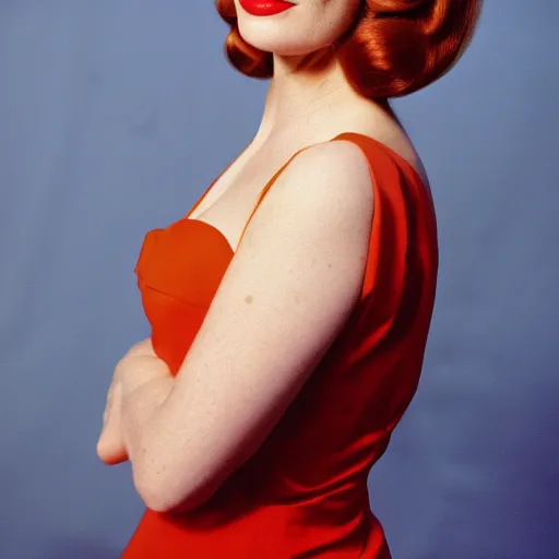 Prompt: Portrait photo of Joan Holloway, Mad Men, 1965, Kodak Film 400 50mm