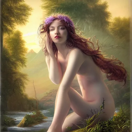 Image similar to a very beautiful fantasy nymph on the bank of a river with morning sunrise in the distance and jagged faded mountains beyond