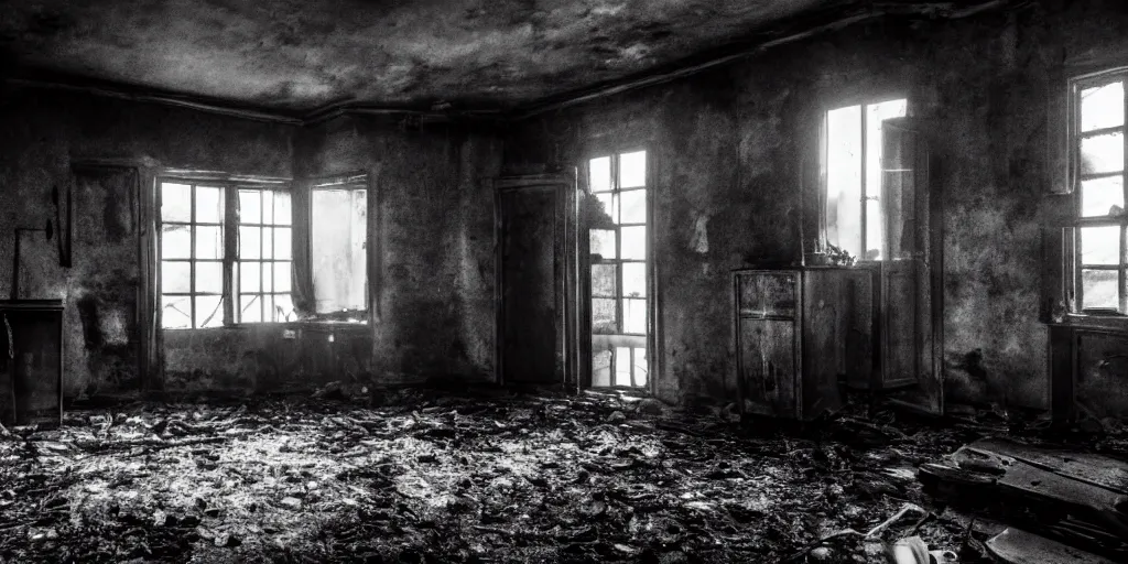 Image similar to a very dark room at night in a derelict house with no windows lit only by candlelight, black and white, grungy