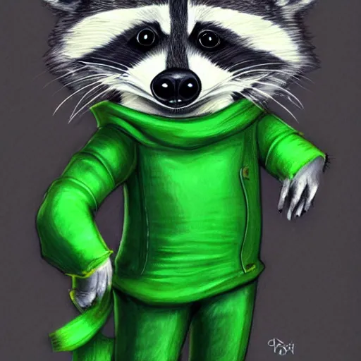 Image similar to a raccoon in a green rouge outfit with a dagger, trending on art station