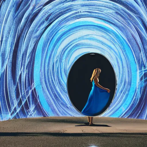 Prompt: a woman facing a oval blue energy portal on the street, which shows a beach at sunset