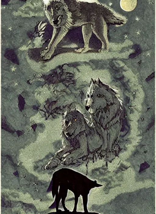 Image similar to a dire wolf howls in the moonlight near the pyramid of giza in the sky 2 3 twinkling purple stars on the cover of a vintage sandman graphic novel by dave mckean and james jean, muted colours, dreary atmosphere