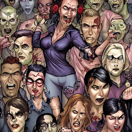 Prompt: a crowd of zombies where everyone is Bill Hader, artgerm, J. Scott Campbell