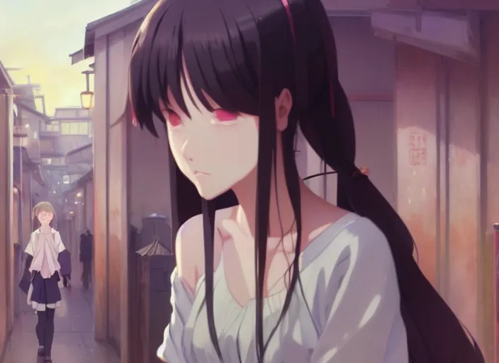 Image similar to a film still portrait of a very beautiful girl crying, finely detailed features, closeup at the faces, perfect art, at a market, night time,, gapmoe yandere grimdark, trending on pixiv fanbox, painted by greg rutkowski makoto shinkai takashi takeuchi studio ghibli, akihiko yoshida