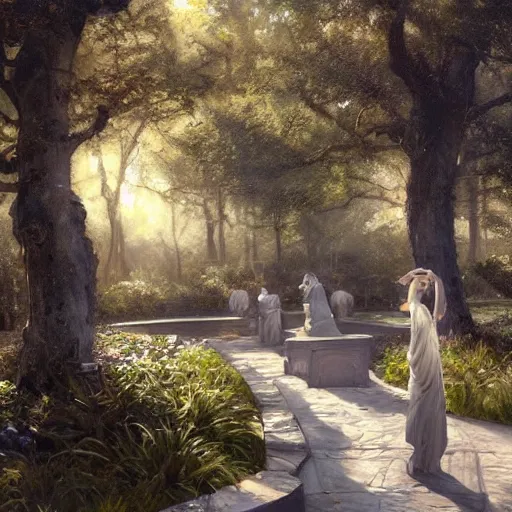 Image similar to white council in rivendel gardens, epic masterpiece of cinematographic hyperrealism, realistic shaded lighting poster by craig mallismo, artgerm, jeremy lipkin and michael garmash, unreal engine, radiant light, detailed and intricate environment, digital art, art station trends