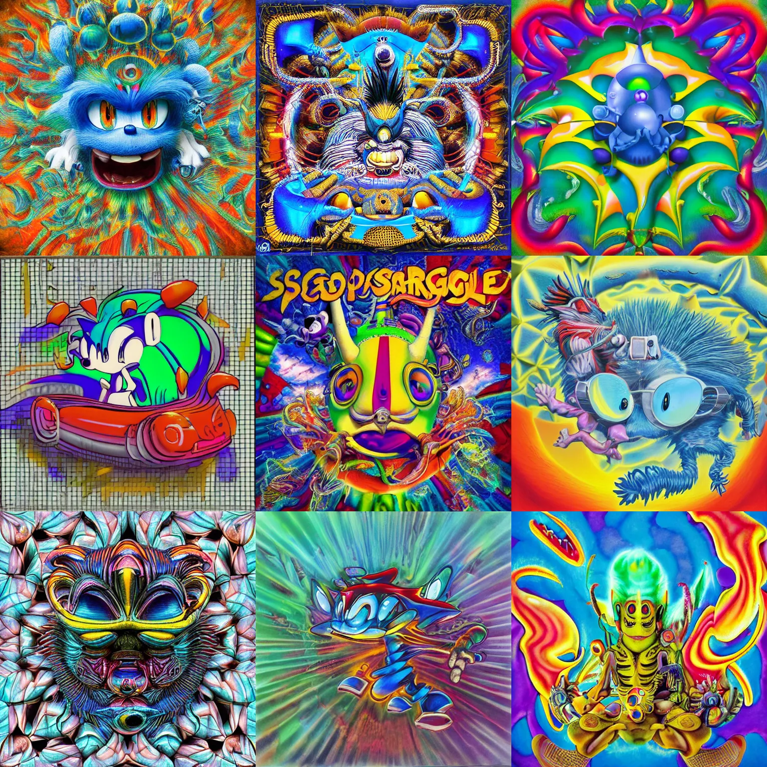 Prompt: surreal, faded, detailed professional, totally radical, high quality airbrush art shpongle album cover of a liquid dissolving LSD DMT sonic the hedgehog on a flat blue checkerboard plane, 1990s 1992 prerendered graphics raytraced phong shaded album cover