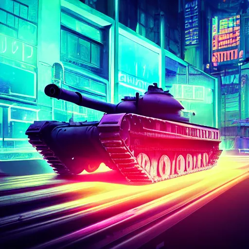 Image similar to high quality photo of a tank in a cyberpunk cyberpunk cyberpunk city, neon lights, realism, 8k, award winning photo, no water