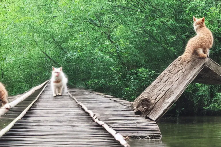 Image similar to kittens walking on a log bridge crossing a river