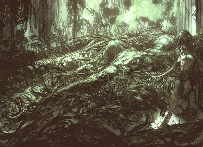 Prompt: my bed is a forest with a giant cthulhuin night and giant eyes dark color by, yoji shinkawa, yoshitaka amano, tsutomu niehi, moebius, donato giancola, trending on artstation, featured on pixiv, cinematic composition