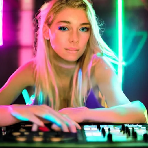 Image similar to a young, blonde-haired woman with soft facial features and blue eyes, 35mm photograph, neon lights in the background, DJing at coachella