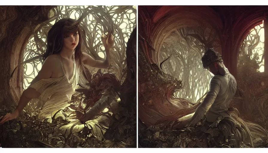 Image similar to dark twisted fairytale, masterpiece, fibonacci, sweat drops, insane, horror, intricate, highly detailed, digital painting, artstation, concept art, smooth, sharp focus, illustration, Unreal Engine 5, 8K, art by artgerm and greg rutkowski and alphonse mucha