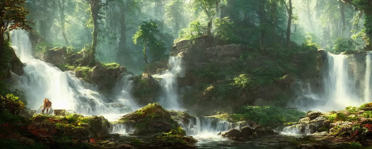 Image similar to secret waterfall in forrest, beautiful dynamic lighting, cinematic, wide angle establishing shot, extremely high detail, photo realistic, cinematic lighting, post processed, concept art, artstation, matte painting, style by frederic church, raphael lacoste, unreal engine 8 k
