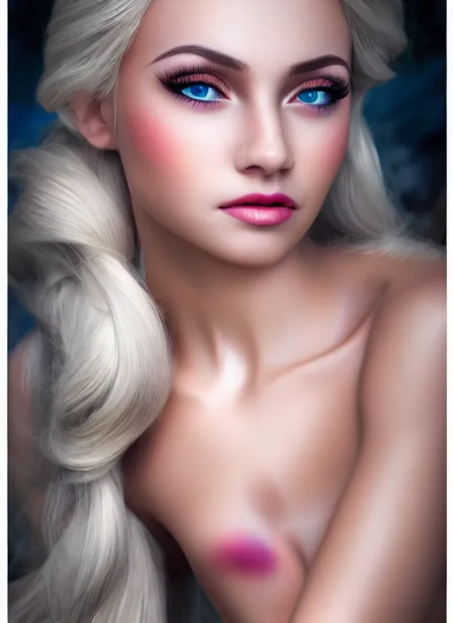 Image similar to gorgeous female elsa, professionally retouched, natural colors, soft lighting, hyper realistic, smooth face, full body shot, torso, dress, perfect eyes, sharp focus on eyes, 8 k, high definition, insanely detailed, intricate, elegant, digital photo, dslr