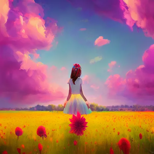 Prompt: large flower head, girl floating in a flower field, surreal photography, sunrise dramatic light, impressionist painting, colorful clouds, digital painting, artstation, simon stalenhag