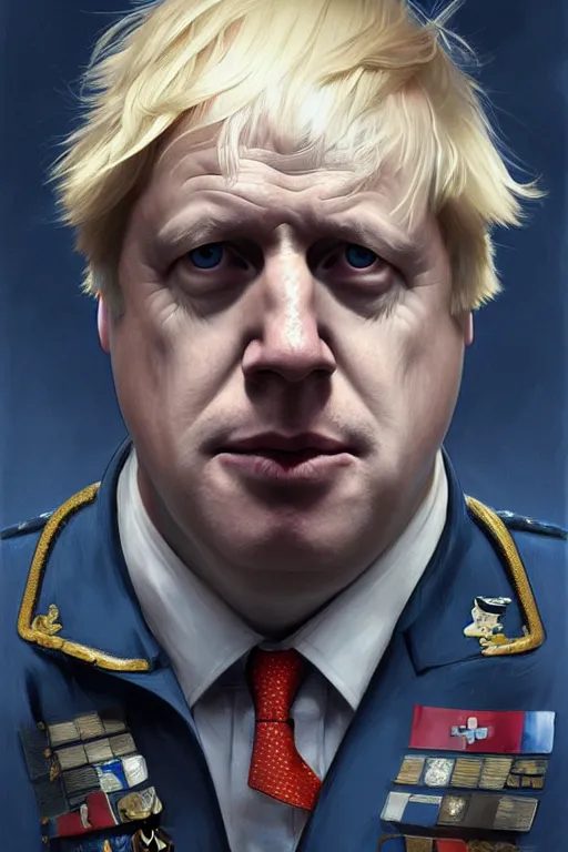 Image similar to Boris Johnson as a NATO commander, visible face, realistic portrait, gold and blue, highly detailed, digital painting, artstation, concept art, smooth, sharp focus, illustration, cinematic lighting, art by artgerm and greg rutkowski and alphonse mucha