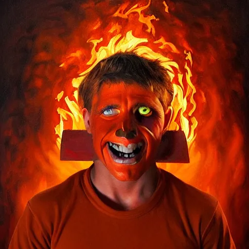 Image similar to a hyper realistic painting of a young fire - man, all face covered with a fire, fire all around him, coherent symmetrical eyes, cunning smile, by jeffrey smith, by andrea kowch, by steve henderson, masterpiece, trending on artstation,