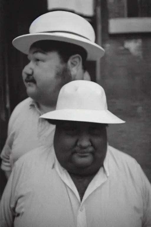 Image similar to close-up film photography 1970s, portrait of fat man in white hat, New York City, soft light, 35mm, film photo, Joel Meyerowitz