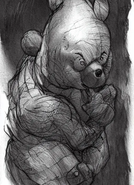 Image similar to portrait, Nightmare Winnie the Pooh, watercolor, dramatic lighting, cinematic, establishing shot, extremely high detail, foto realistic, cinematic lighting, pen and ink, intricate line drawings, by Yoshitaka Amano, Ruan Jia, Kentaro Miura, Artgerm, post processed, concept art, artstation, matte painting, style by eddie mendoza, raphael lacoste, alex ross