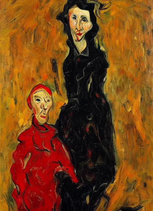 Image similar to an oil portrait of crooked meaty woman in a black fury coat and red dress, dark rich background, a sophisticated composition, in expressive style of Chaim Soutine and Frank Auerbach and Van Gogh, complimentary palette
