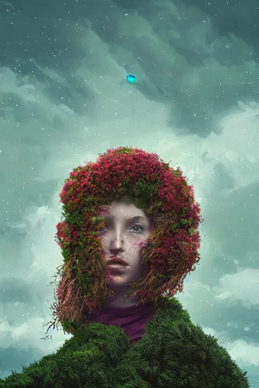 Image similar to portrait of giant flower head, a girl with coat between bushes, surreal photography, wind and cold, dramatic sky, impressionist painting, digital painting, artstation, simon stalenhag