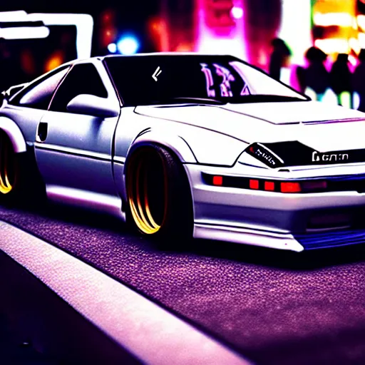 Image similar to a car 300ZX twin turbo drift at illegal car meet, Shibuya prefecture, city midnight mist lights, cinematic lighting, photorealistic, highly detailed wheels, high detail