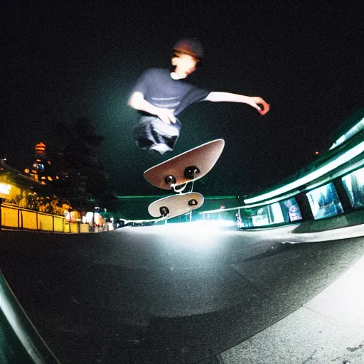 Prompt: fisheye lens photo of a skateboarder in Tokyo, night time, 8k, cinematic