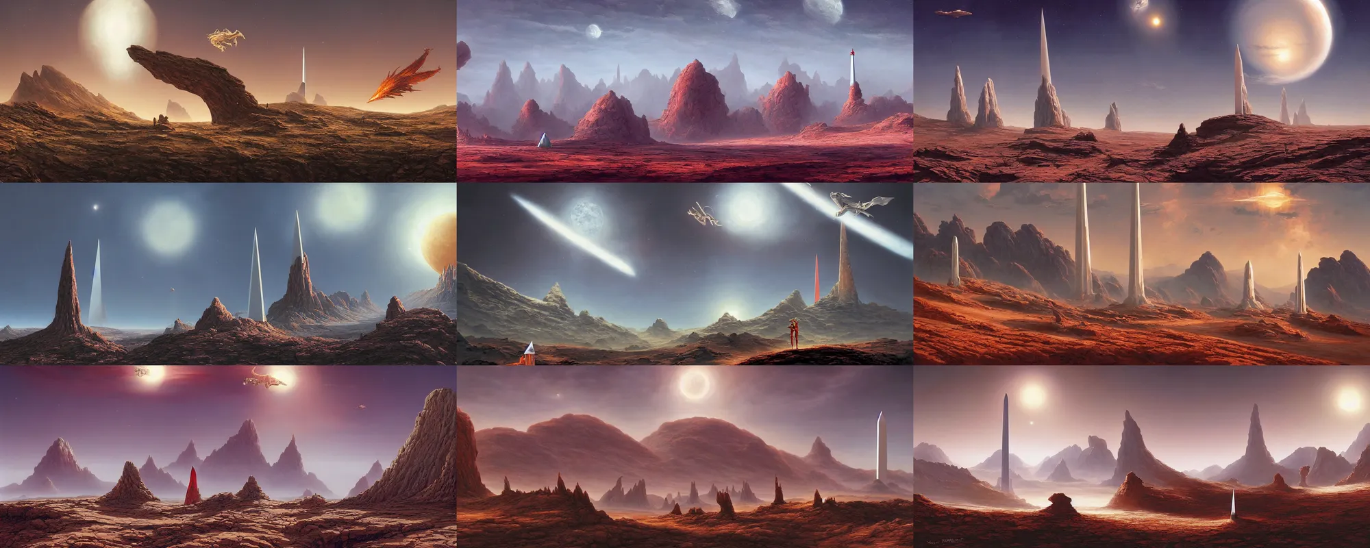 Prompt: red planet landscape with white tall obelisk in the foreground, dragon flying in the background, by ted nasmith, raphael lacoste, don maitz, stephan martiniere, michael whelan