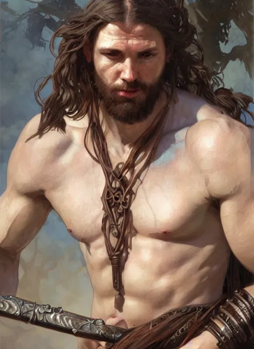 Image similar to realistic portrait painting of a male fantasy barbarian warrior, old mystic ruins, afternoon, intricate, elegant, highly detailed, digital painting, sharp, focus, by artgerm and alphonse mucha and greg rutkowski