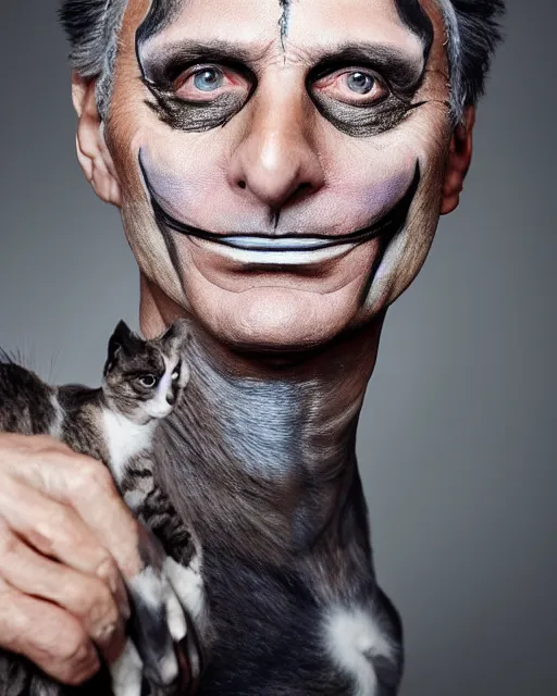 Image similar to Mauricio Macri in Elaborate Cat Man Makeup and prosthetics designed by Rick Baker, Hyperreal, Head Shots Photographed in the Style of Annie Leibovitz, Studio Lighting