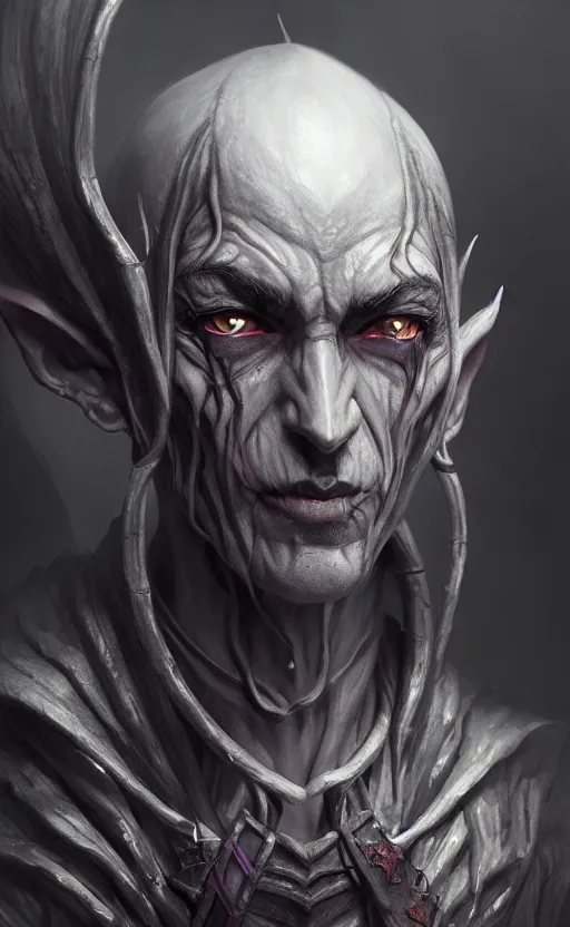 Image similar to legendary creepy dark elf wizard, highly detailed, d & d, fantasy, highly detailed, digital painting, trending on artstation, concept art, sharp focus, illustration, global illumination, ray tracing, realistic shaded, art by artgerm and greg rutkowski and fuji choko and viktoria gavrilenko and hoang lap