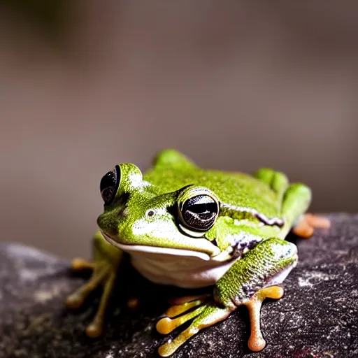 Image similar to closeup of a frog sitting on a stone in a forest, wildlife photography