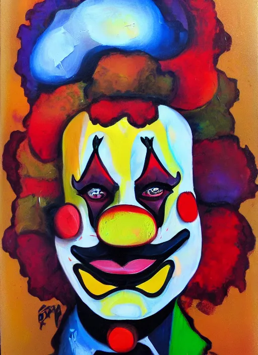 Prompt: clown, asymmetric, oil paint, vandalized, sloppy strokes