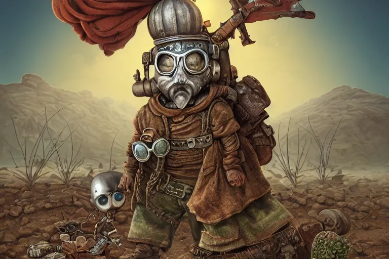 Image similar to a highly detailed forgotten garden gnome wearing goggles and head scarf surviving in a vast barren desert, hopeless wasteland background with a relentless raging sun overhead, post - apocalyptic road warrior vibe, dynamic pose, an ultrafine detailed painting by joe fenton, trending on deviantart, pop surrealism, whimsical, lowbrow, perfect symmetrical face, sharp focus, octane, masterpiece