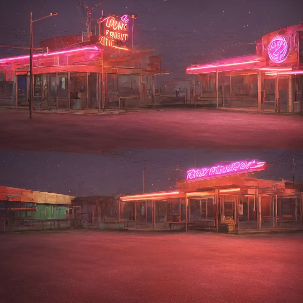 Image similar to an empty parking lout outside an abandoned retro diner at night, by lee madgwick, pink and orange neon lights, highly detailed, photorealistic, artstation trending, cryengine 8 k uhd