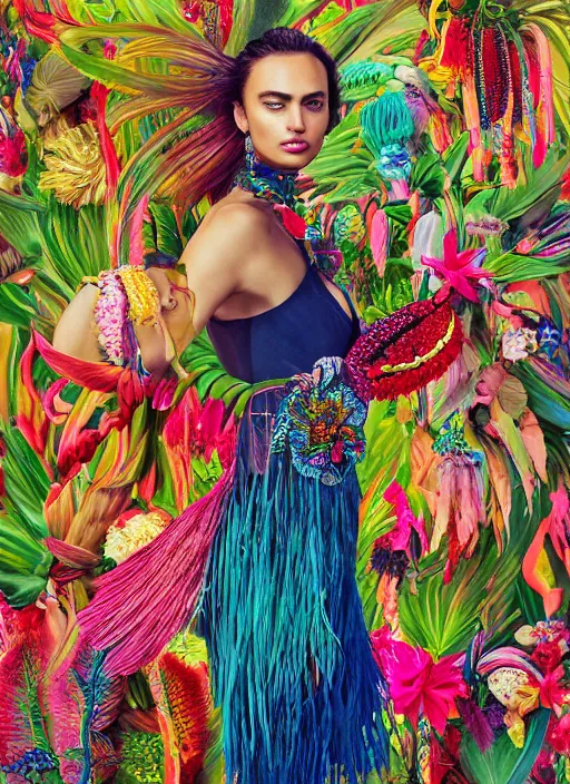 Prompt: beautiful portrait of Irina Shayk wearing fantastic Hand-dyed cotton dress,embellished beaded feather decorative fringe knots ,colorful pigtail,subtropical flowers and plants,dramatic lighting,symmetrical face,intricate,elegant,highly detailed,8k,post-processing,digital painting,trending on artstation, GUCCI,PRADA,concept art, sharp focus, illustration, by artgerm,Tom Bagshaw,Lawrence Alma-Tadema,greg rutkowski,alphonse Mucha