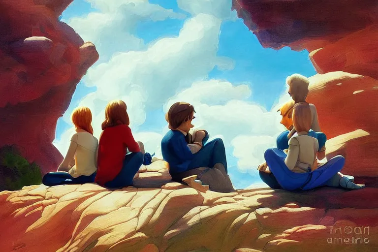 Prompt: beautiful painting of friends, beautiful faces, sitting on the edge, cute, soft light, digital painting by ralph mcquarrie and rolf amrstrong and benoit b mandelbrot