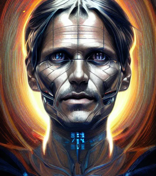 Prompt: symmetry portrait of viggo mortensen cyberborg ultra detailed, intricate, anime, dynamic lighting, digital art, digital painting, art station, wlop, sharp focus, illustration, art by artgerm and greg rutkowski and alphonse mucha