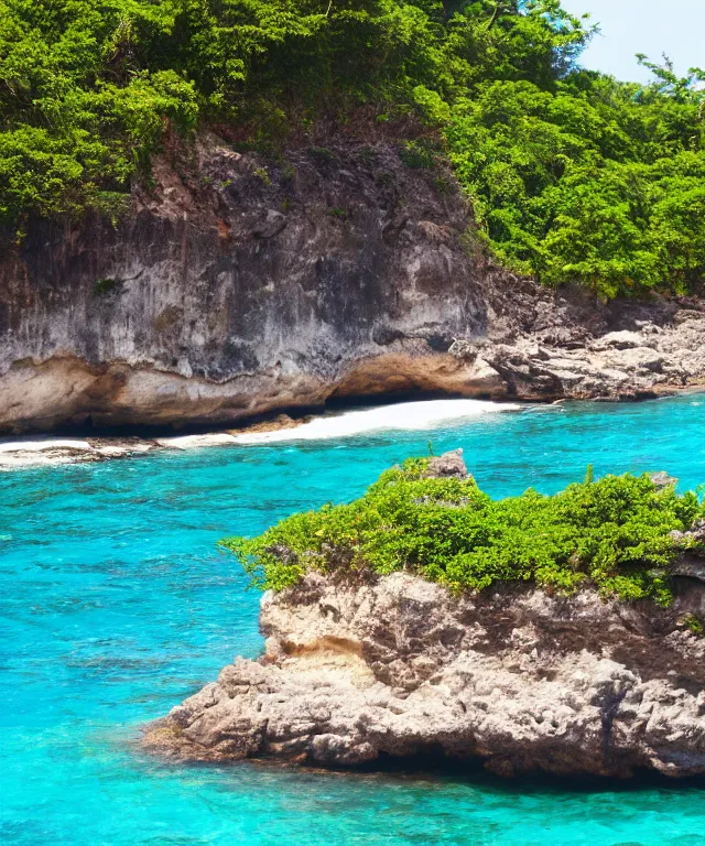 Image similar to turtle bay beach jamaica, sharp cliffs, island with cave