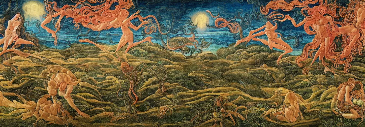 Image similar to beautiful landscape mural of an alien planet, lush landscape, vivid colors, intricate, highly detailed, masterful, fantasy world, in the style of sandro botticelli, moebius