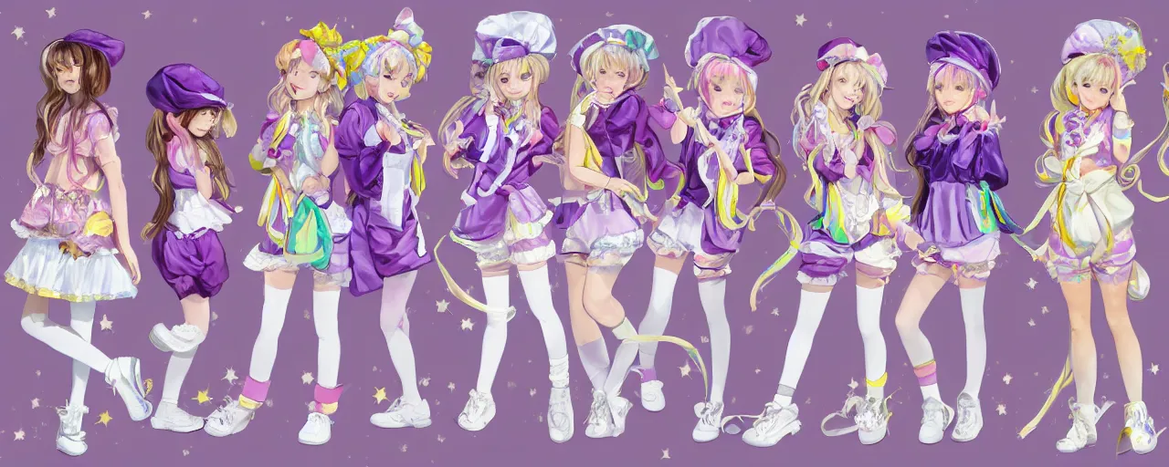 Image similar to A character sheet of full body cute magical girls with short blond hair wearing an oversized purple Beret, Purple overall shorts, Short Puffy pants made of silk, pointy jester shoes, a big billowy scarf, and white leggings. Rainbow accessories all over. Fancy Dress, Lolita Fashion, Golden Ribbon, Flowing fabric. Covered in stars. Short Hair. Art by william-adolphe bouguereau and Paul Delaroche and Alexandre Cabanel and Lawrence Alma-Tadema and Johannes Helgeson and WLOP and Artgerm and Shoichi Aoki. Fashion Photography. Decora Fashion. harajuku street fashion. Kawaii Design. Intricate, elegant, Highly Detailed. Smooth, Sharp Focus, Illustration Photo real. realistic. Hyper Realistic. Sunlit. Moonlight. Dreamlike. Fantasy Concept Art. Surrounded by clouds. 4K. UHD. Denoise.